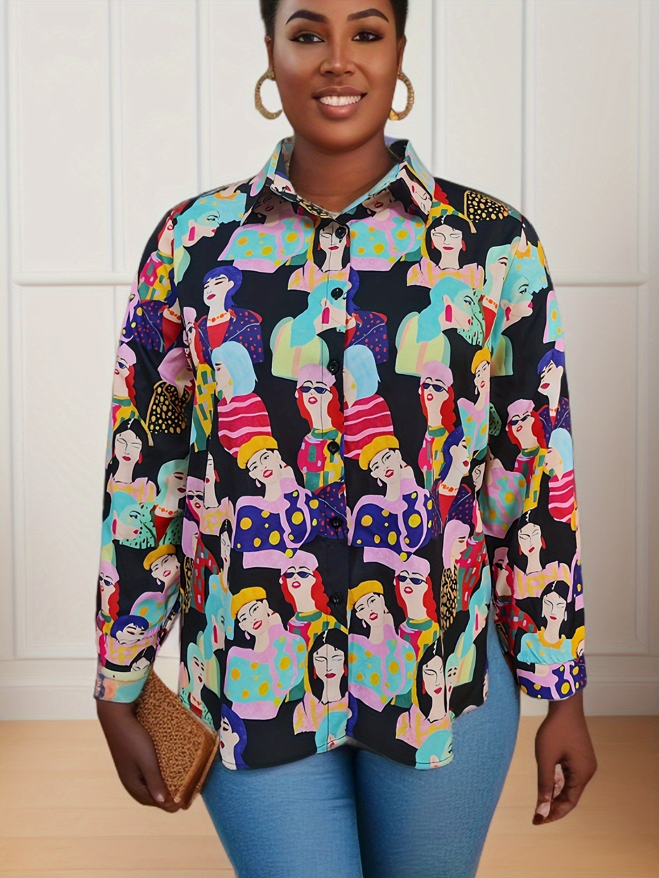  Figure Print Button Up Long Sleeve Blouse