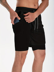 Men's 2-Layer Gym Running Shorts w/ Pockets Quick Dry Stretch Drawstring
