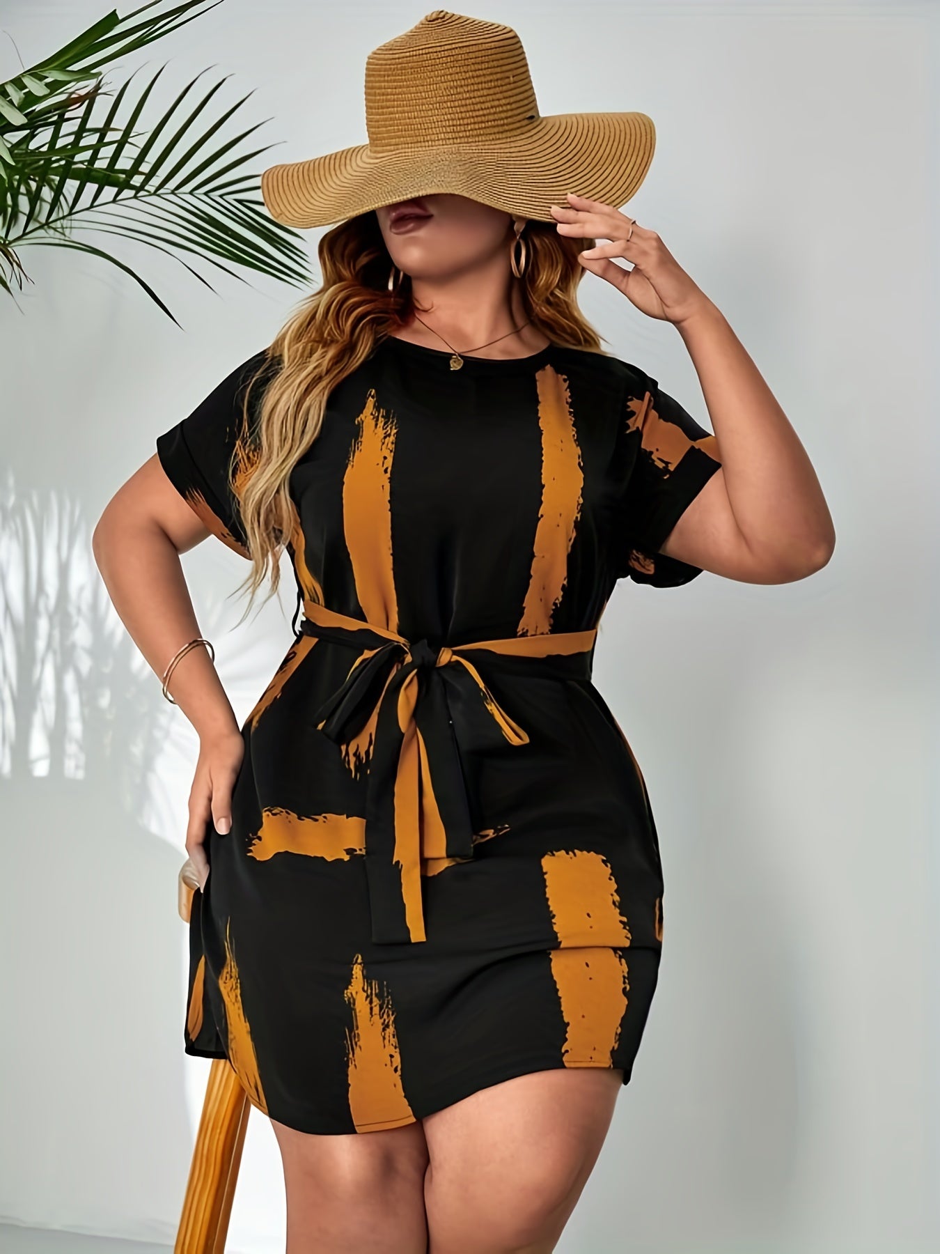  Brush Print Short Sleeve Slim Fit Dress