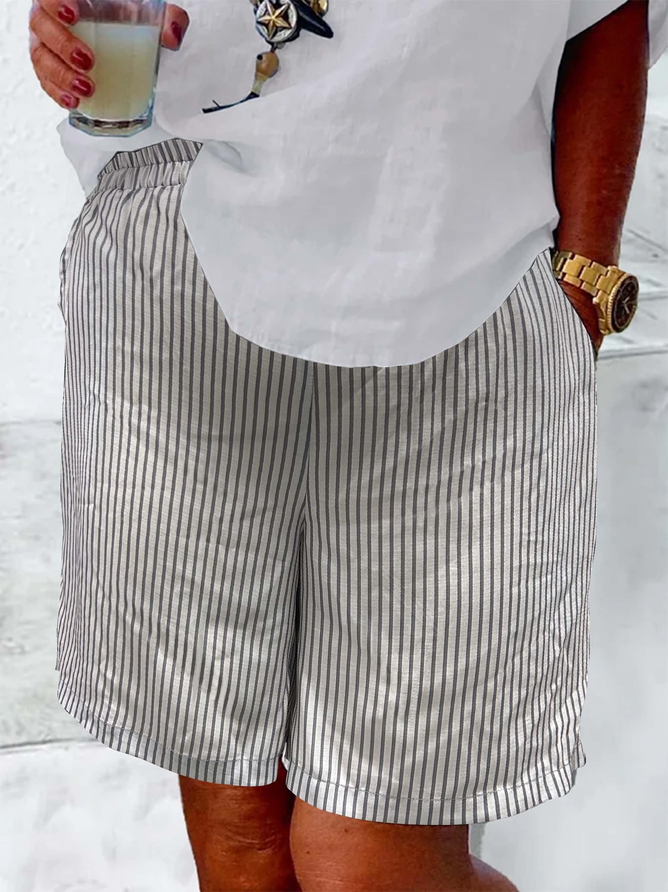  Stripe Print High Rise Casual Shorts With Pockets