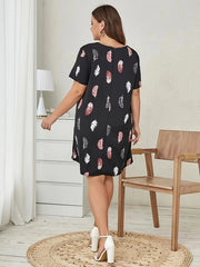  Feather Print Short Sleeve Tee Dress