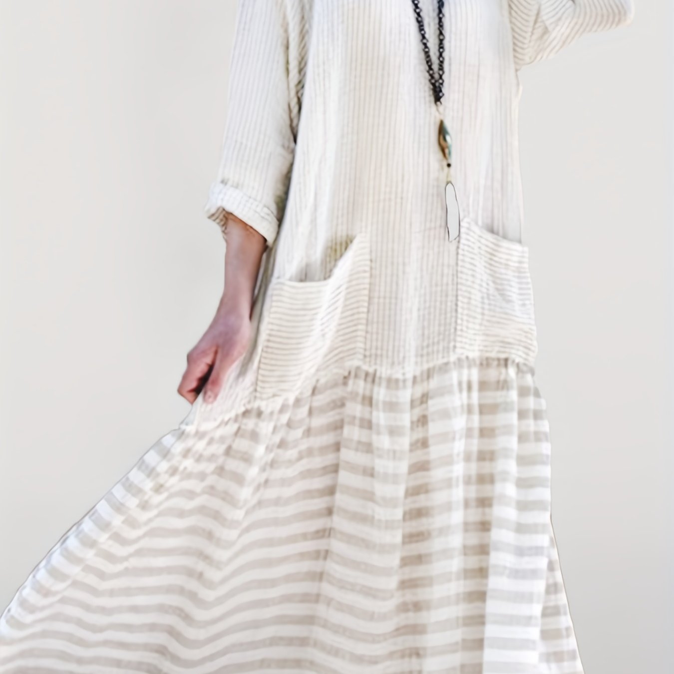  Colorblock Stripe Print Long Sleeve Dress With Pockets