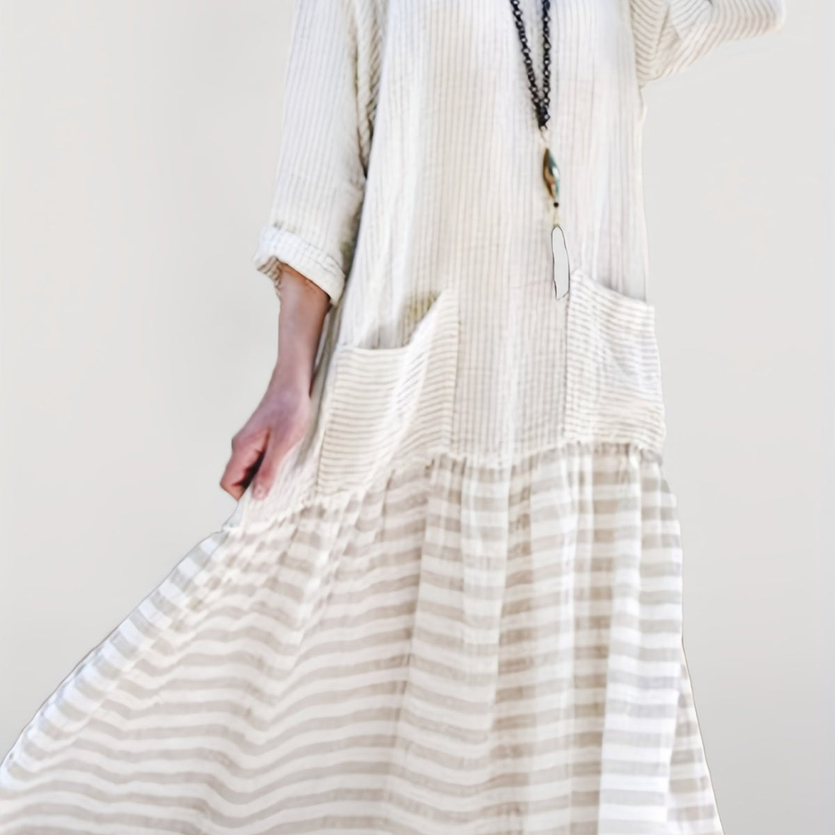  Colorblock Stripe Print Long Sleeve Dress With Pockets