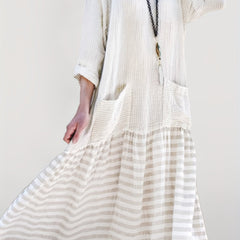  Colorblock Stripe Print Long Sleeve Dress With Pockets