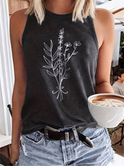 Plant Print Tank Top Crew Neck Summer Sleeveless Top