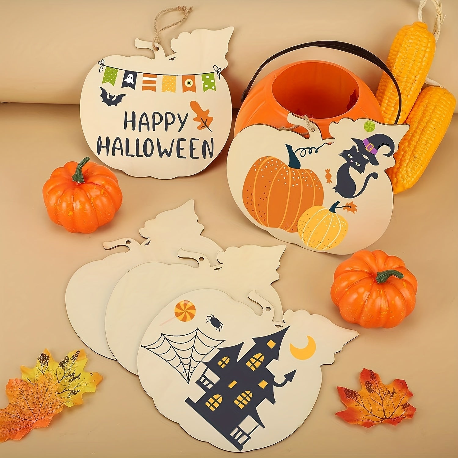5pcs Large Wooden Pumpkin Disc Ornaments for Crafts Hanging Fall Decorations