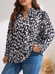  Leopard Print Long Sleeve Notched Neck Blouse