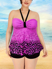  Leopard & Sequin Print Halter Top & Shorts Swimsuit Set