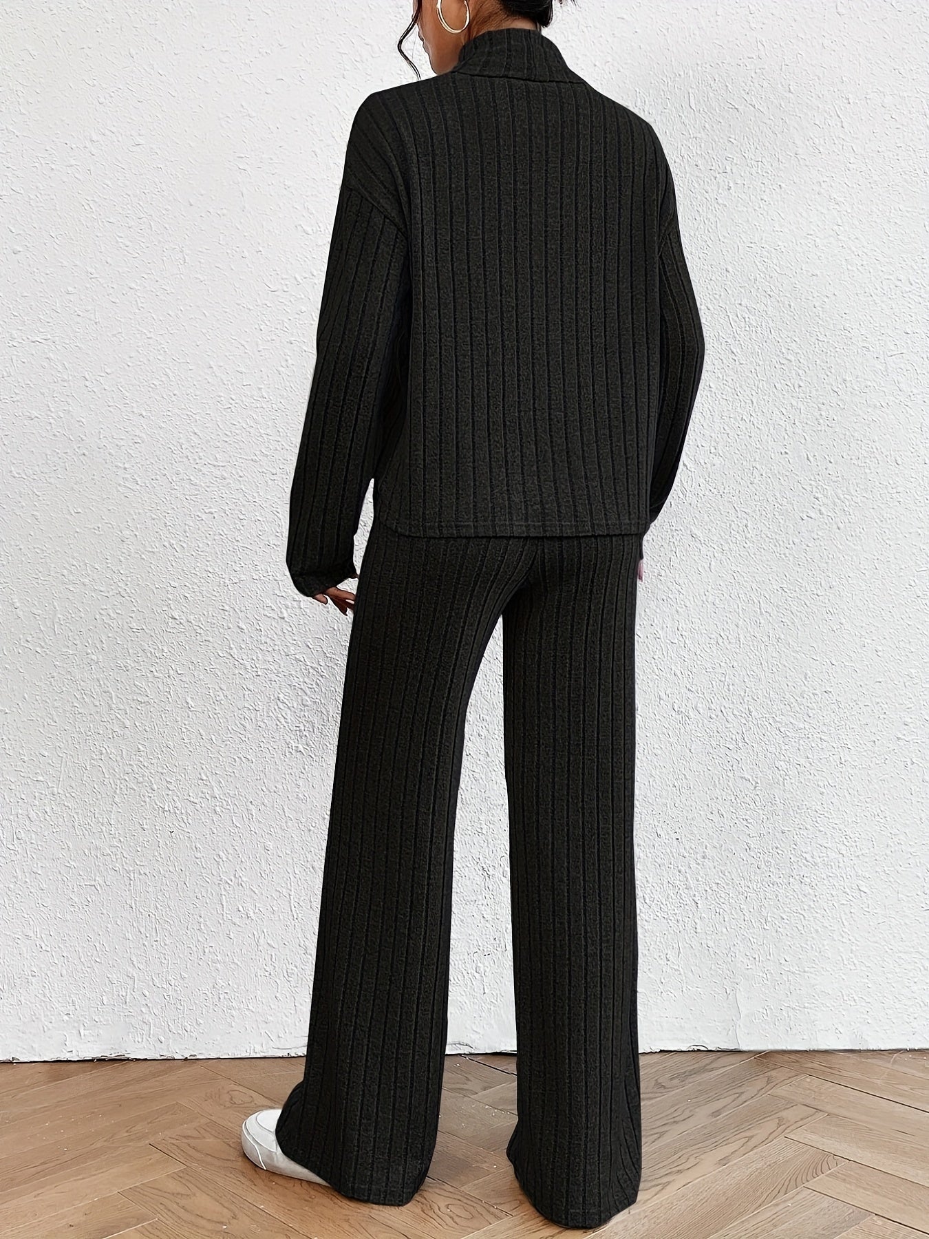 Ribbed Two piece Set Turtleneck Long Sleeve Tops & Wide Leg Pants