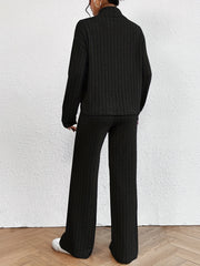 Ribbed Two piece Set Turtleneck Long Sleeve Tops & Wide Leg Pants