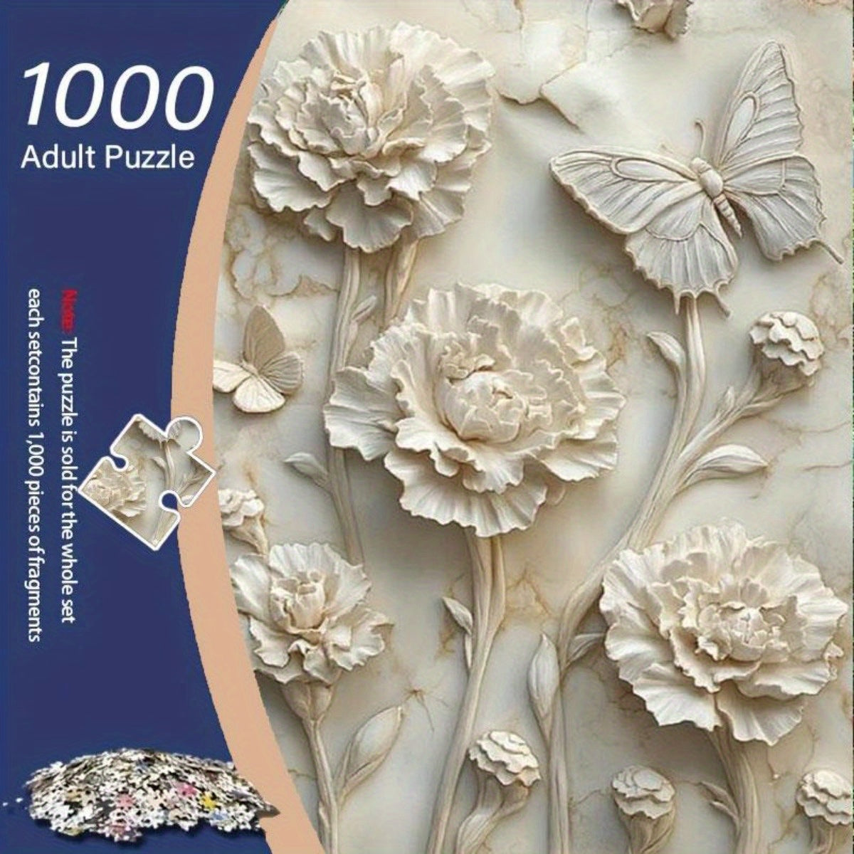 3D Relief Jigsaw Puzzle Carnations & Butterflies on Marble Grained Background
