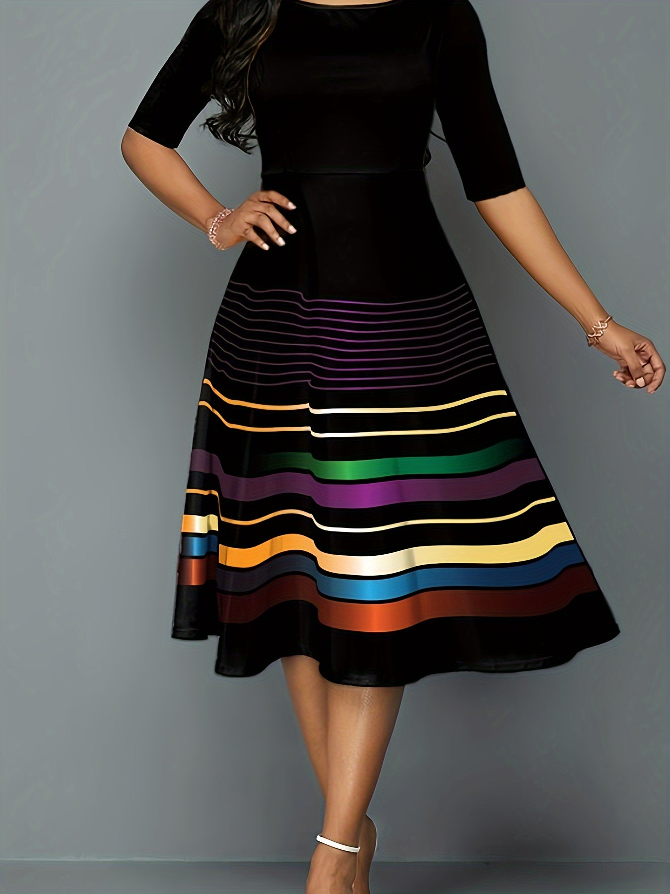  Casual Dress Women's Plus Colorblock Stripe Print Midi Dress
