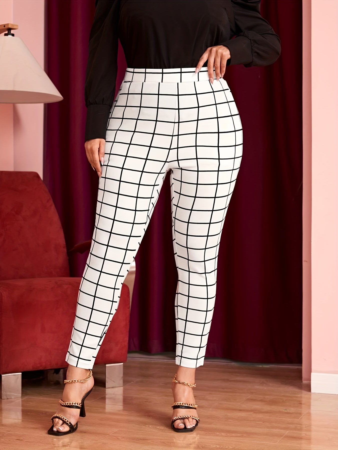  Grid Print High Rise Stretch Skinny Trousers