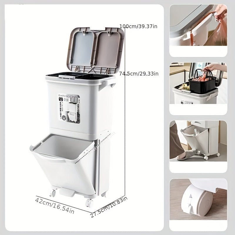 Large Capacity Trash Can with Lid, Household Rubbish Bin, Dry/Wet Separation