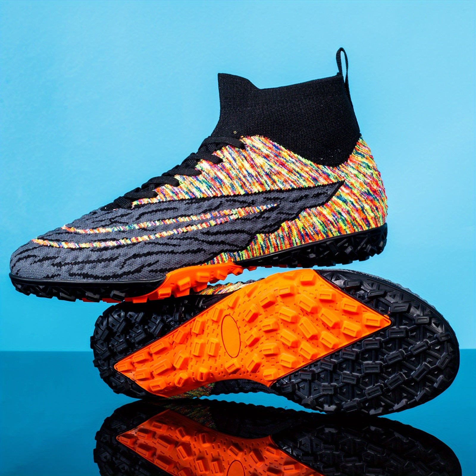 Boys Anti Skid Turf Football Boots Breathable Woven Knit Lace Up Soccer Cleats