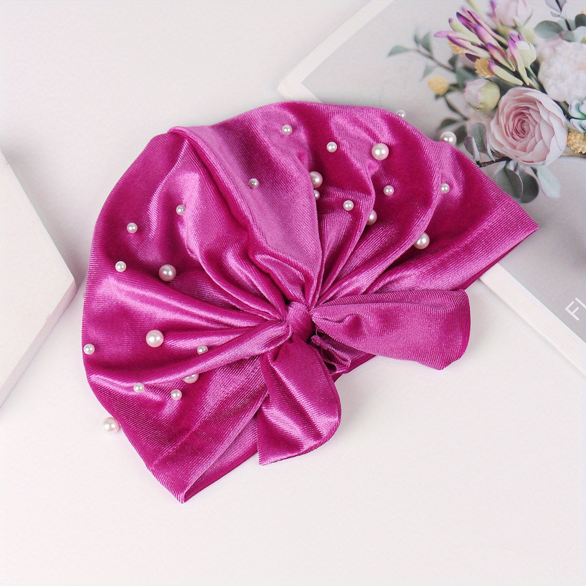 Velvet Bow Turban Hat Rhinestone Elastic Head Wrap