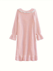 Fuzzy Ruffle NightDress Long Sleeve Bow Pajama Dress Women's Sleepwear