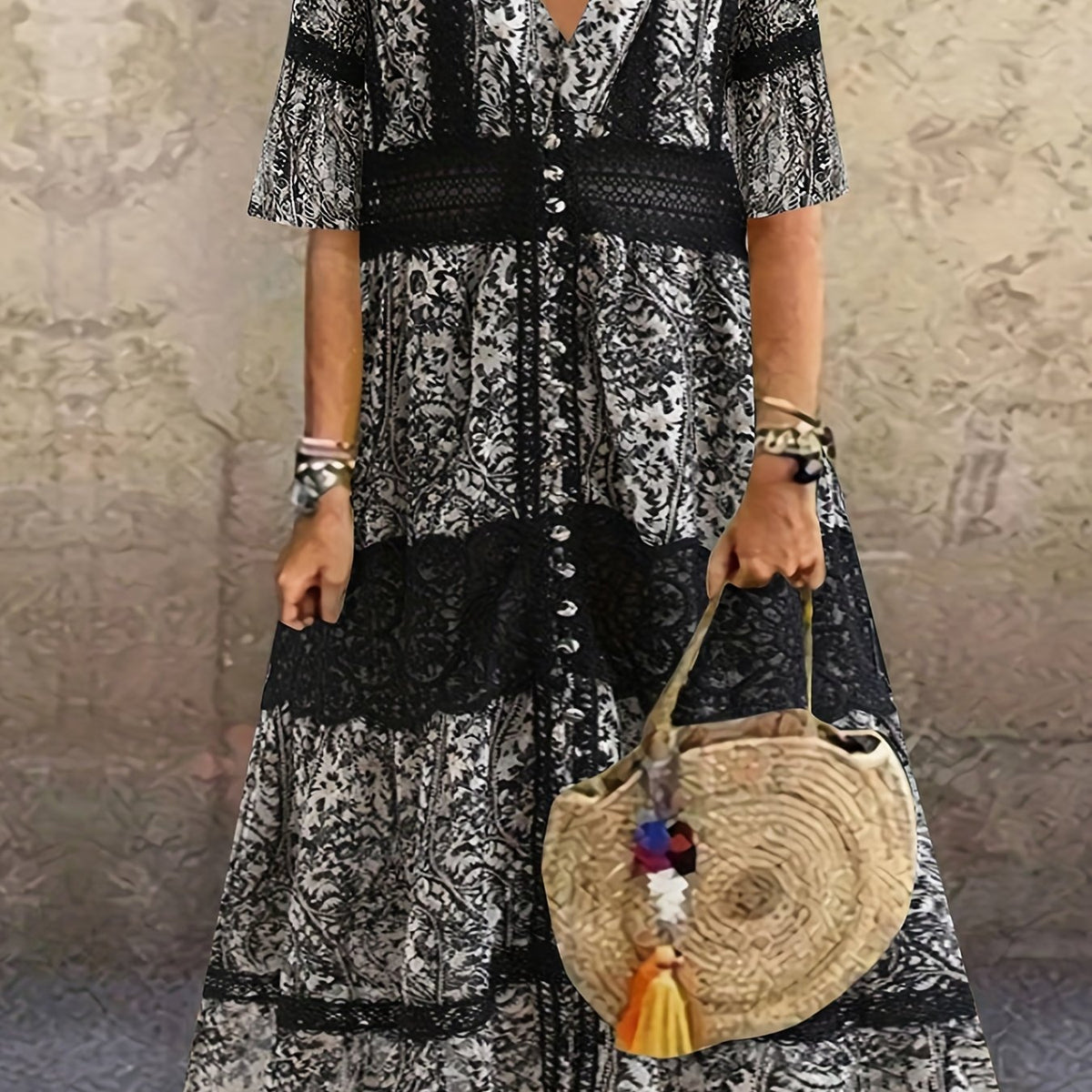 Colorblock Paisley Print V-Neck Dress With Pockets