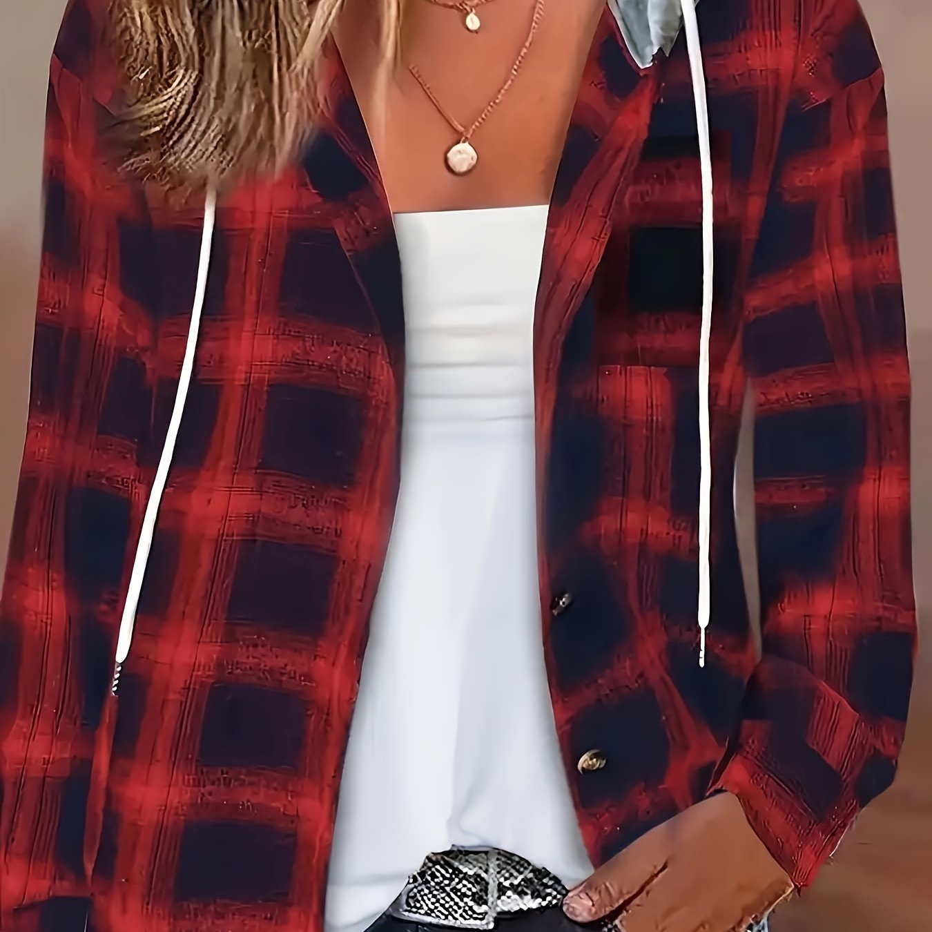  Colorblock Plaid Hooded Long Sleeve Shirt