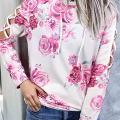 Floral Print Drawstring Hoodie Casual Cutout Long Sleeve Hoodie Sweatshirt