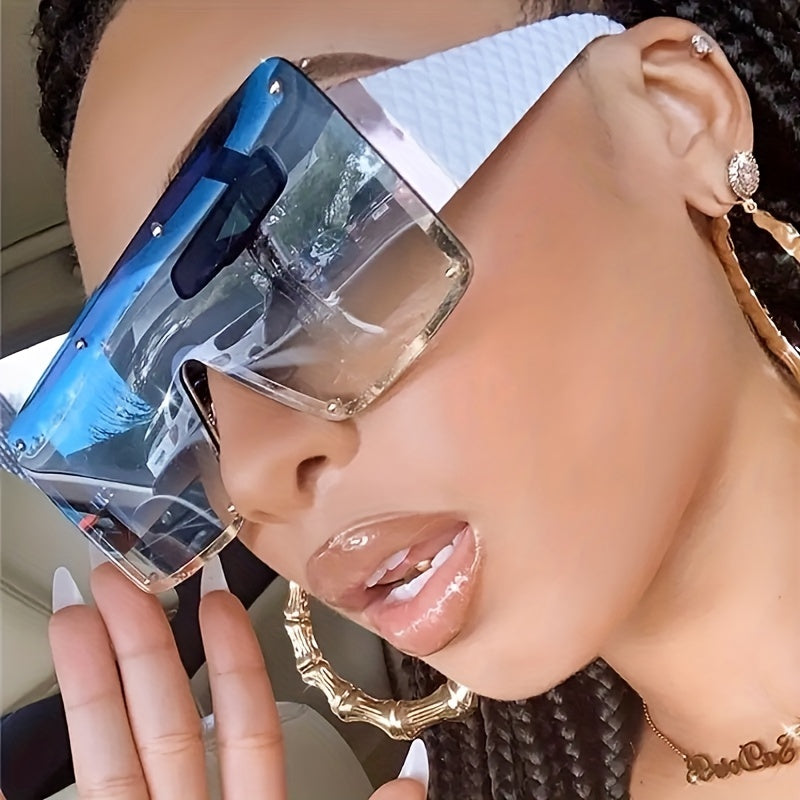 Oversized Rivet Ombre Lens Shield Sunglasses UV400