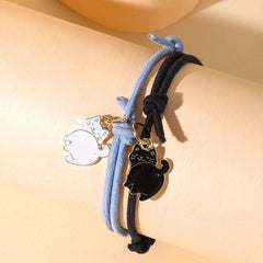 2 Pcs Cat Couple Bracelet Set Adjustable Braided Bracelet