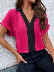 Colorblock Drop Shoulder Roll Up Batwing Sleeve V Neck Shirt Top