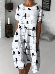  Cat Print Short Sleeve Round Neck Dress