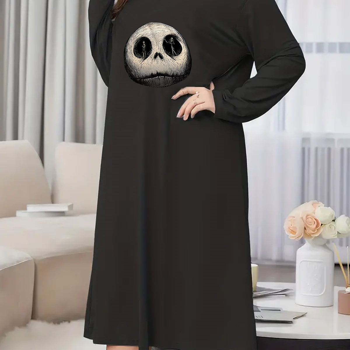  Gothic Nightdress Horror Skull Print Long Sleeve Tee Sleep Dress