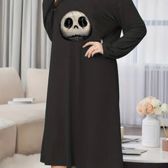  Gothic Nightdress Horror Skull Print Long Sleeve Tee Sleep Dress