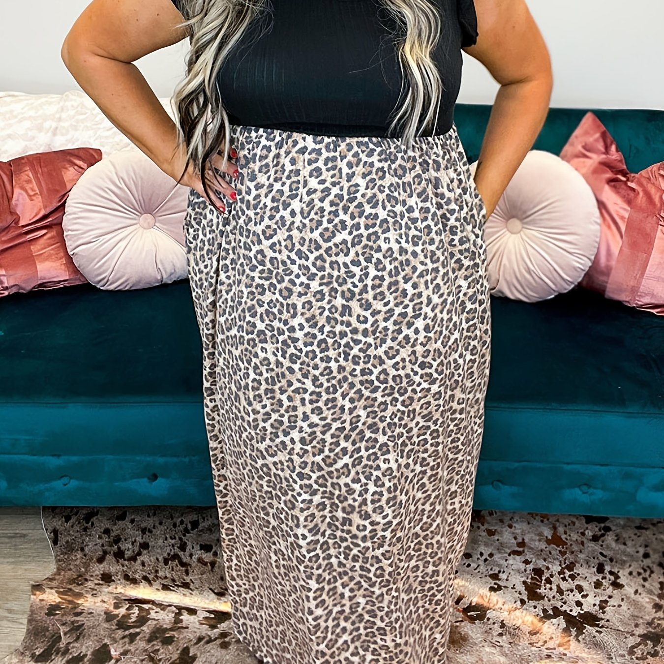  Colorblock Leopard Print Maxi Dress With Pockets
