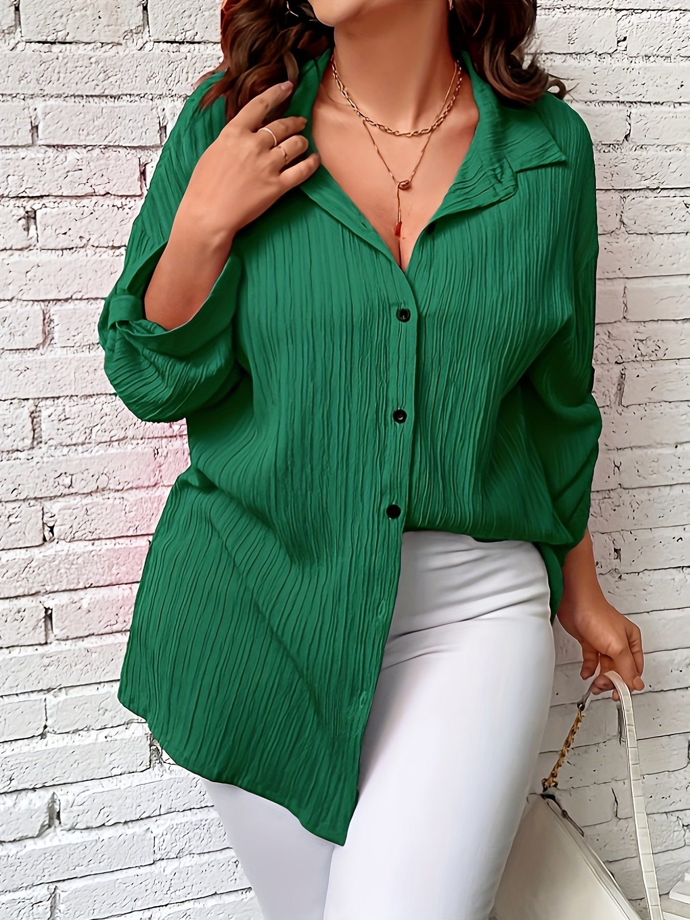  Solid Crinkle Button Up Long Sleeve Blouse