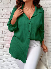  Solid Crinkle Button Up Long Sleeve Blouse