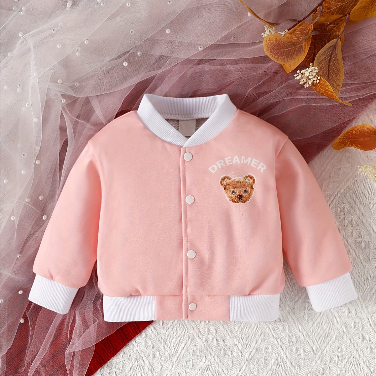 Casual Coat Baby Girl Bear Print Open Button Baseball Jersey