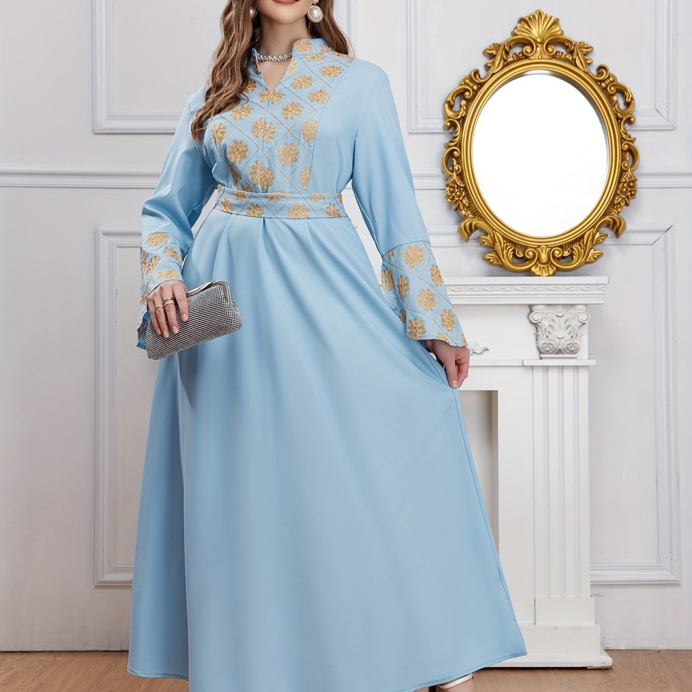  Abaya Dress Women's Plus Golden Floral Print Bell Sleeve Stand Collar