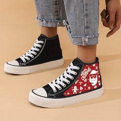 Xmas Santa Print Chunky Canvas Sneakers High Top Skate Shoes
