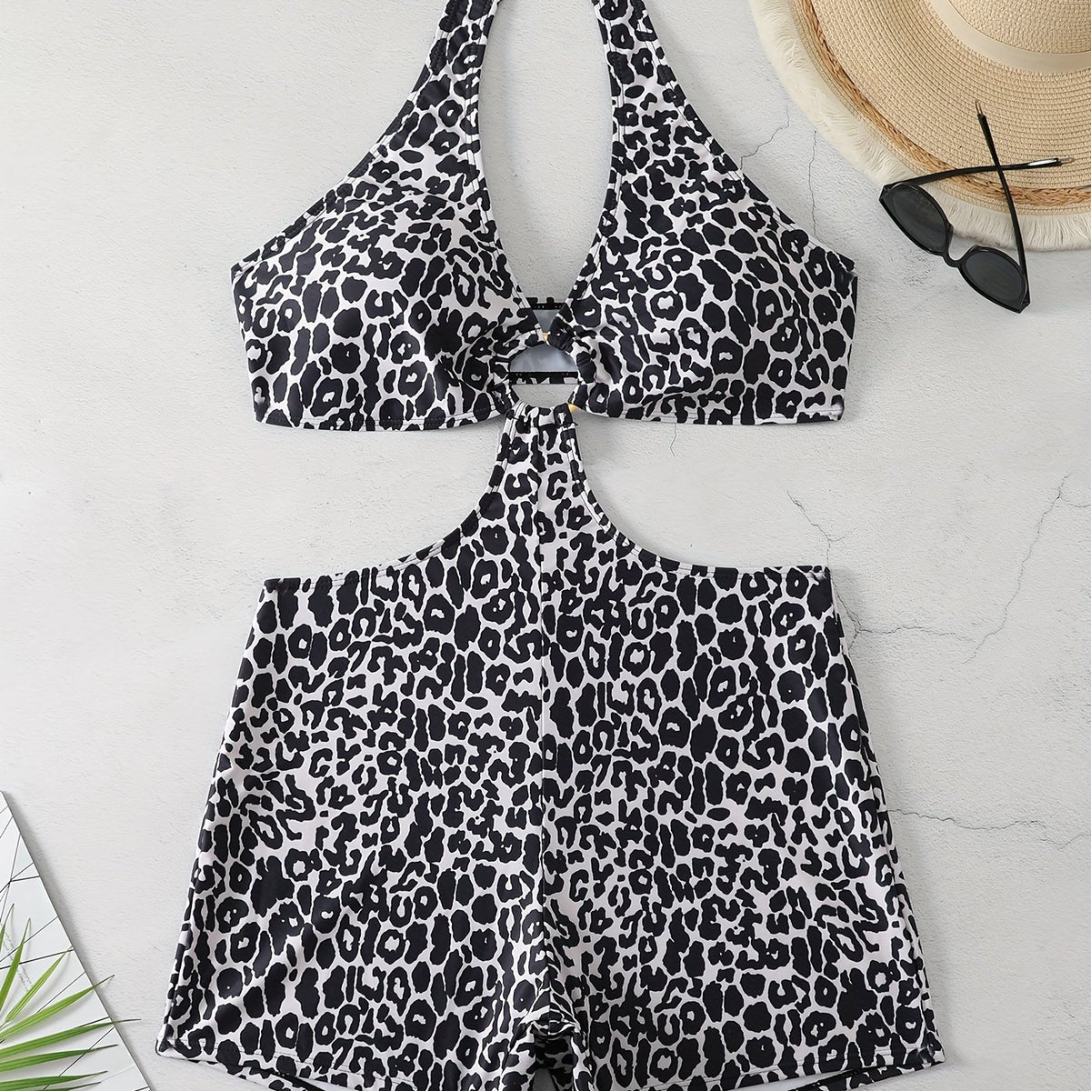  Leopard Print Cut Out Halter One Piece Swimsuit