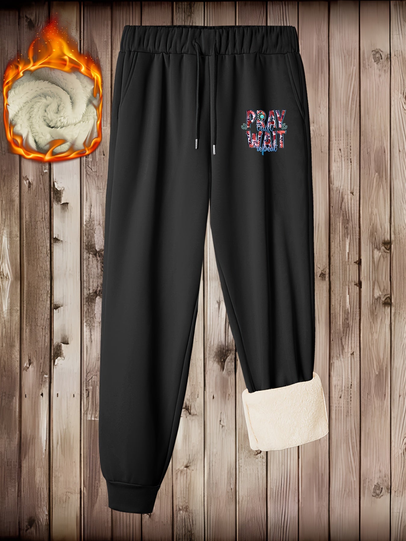  Art Letter Print Liner Fleece Joggers With Pockets