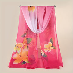 Flower Print Chiffon Scarf Long Shawl Gradient Windproof Headwrap