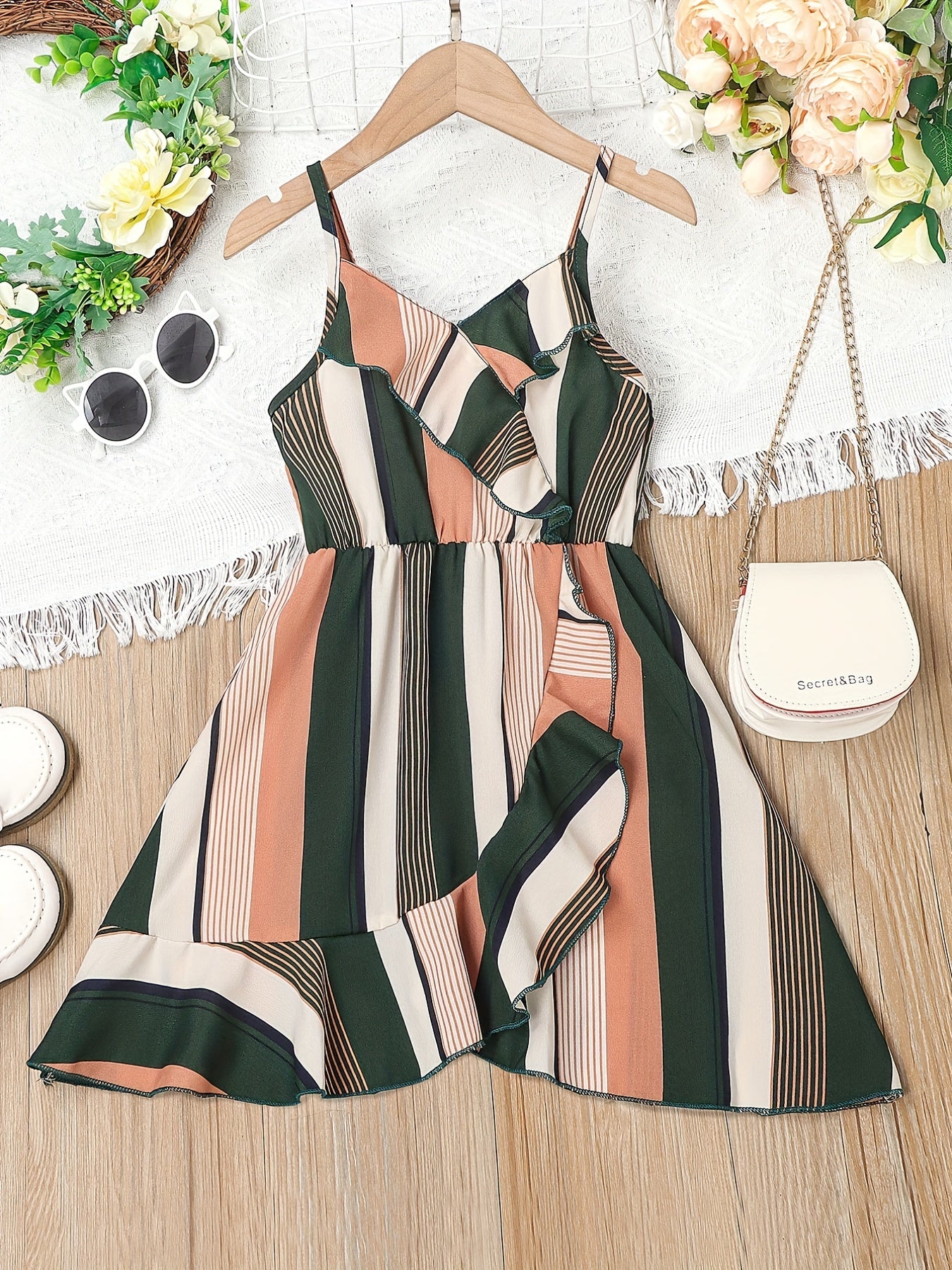 Toddler Girls Stripes Ruffle Trim Cami Dress For Party Beach Vacation