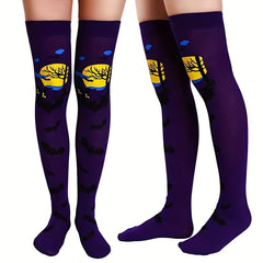Bat Print Thigh High Socks Halloween Over The Knee Stockings