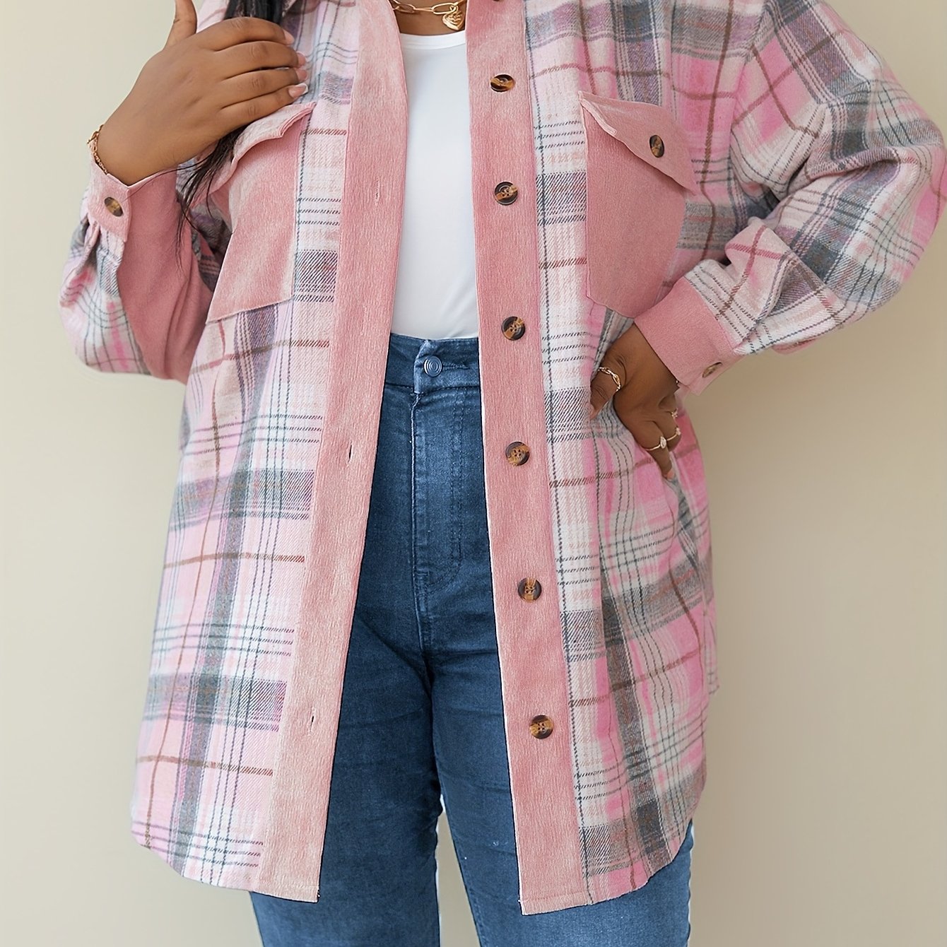  Plaid Button Up Lantern Sleeve Tunic Shirt