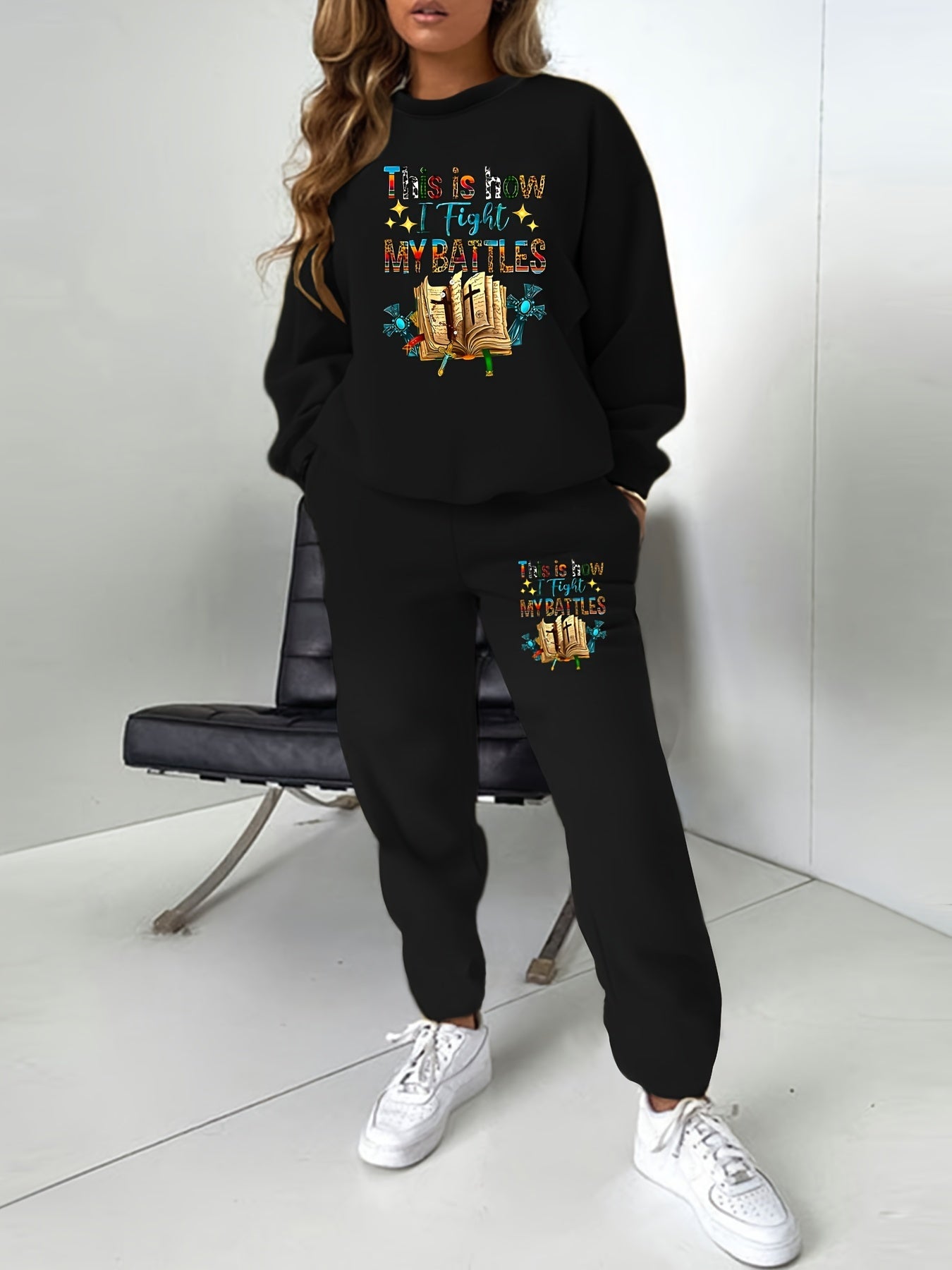  Slogan Book Print Sweatshirt & Joggers Set