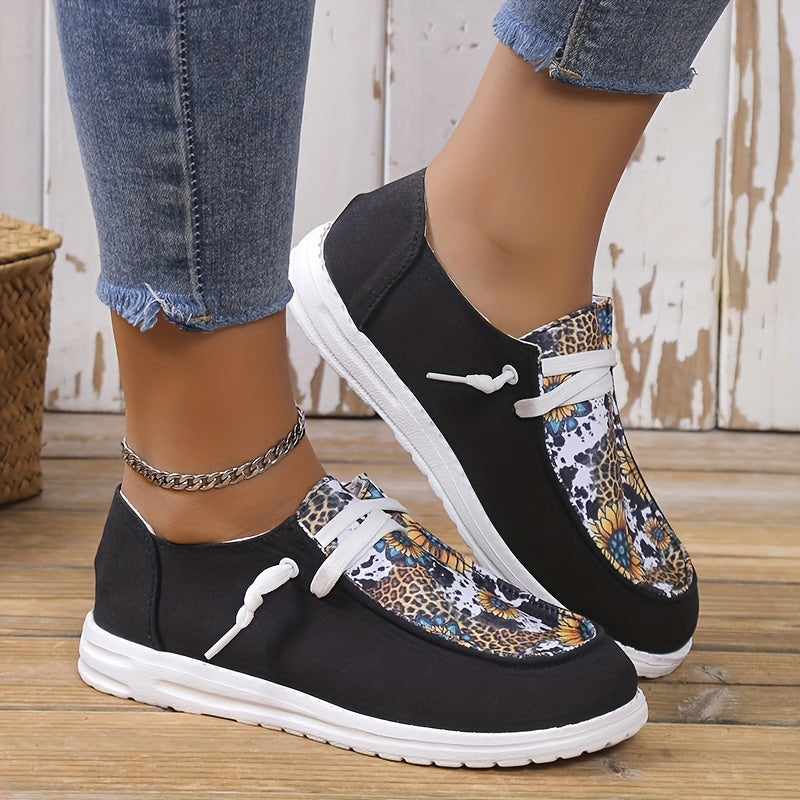 Women's Cow & Leopard Pattern Shoes Lace Up Slip On Round Toe Canvas Shoes
