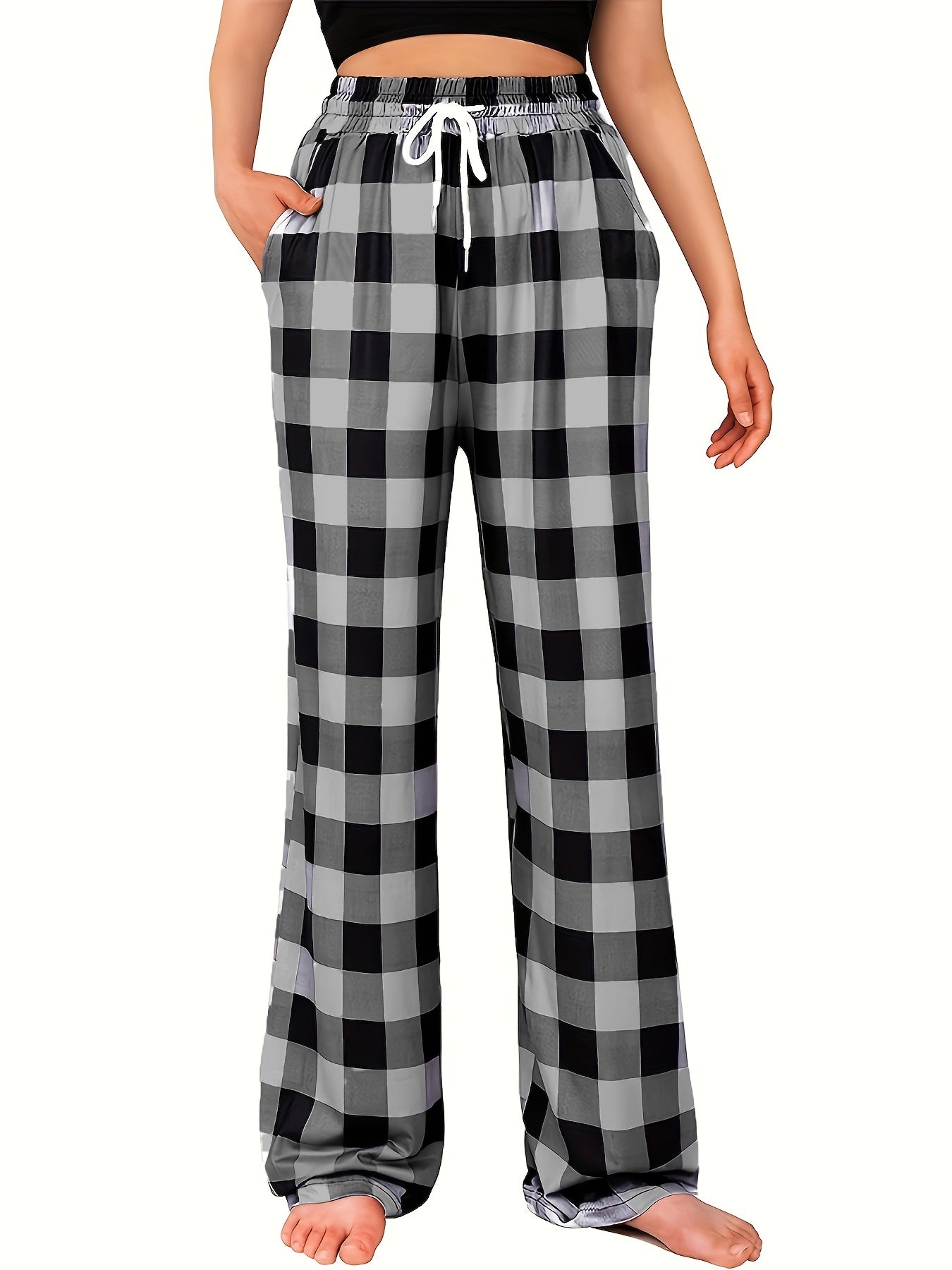  Plaid Elastic Drawstring High Rise Straight Leg Pants