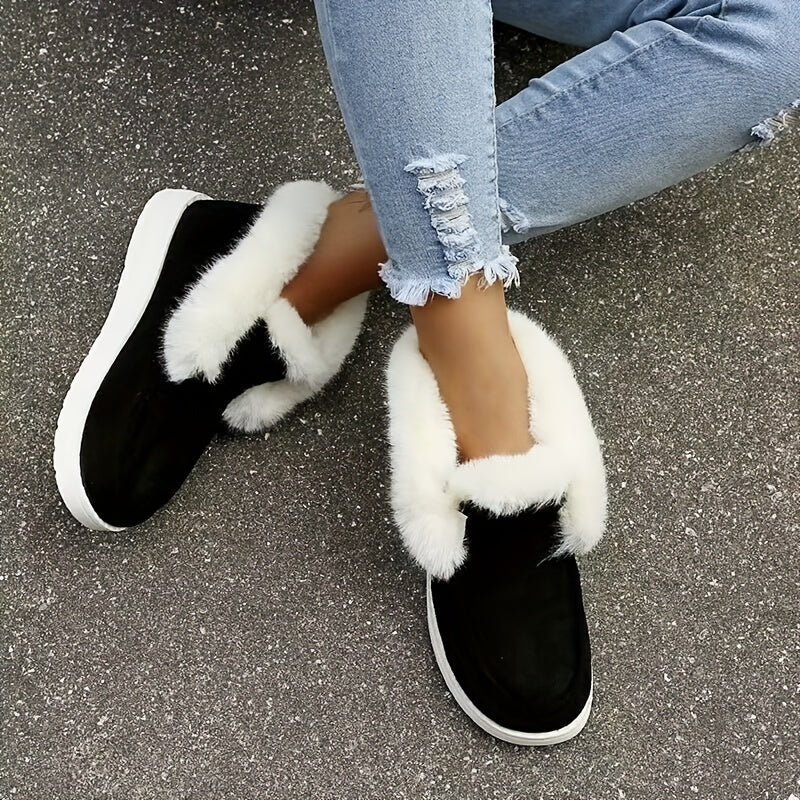 Women's Plush Winter Snow Boots Slip on Flat Shoes