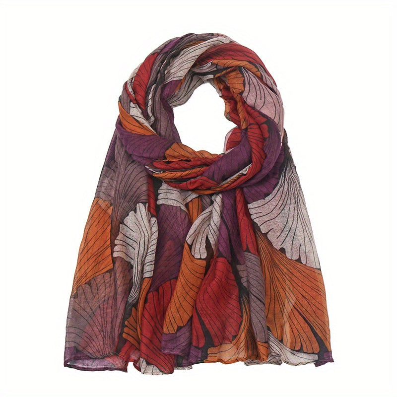 Ginkgo Leaf Print Voile Scarf Vintage Block Boho Shawl Women