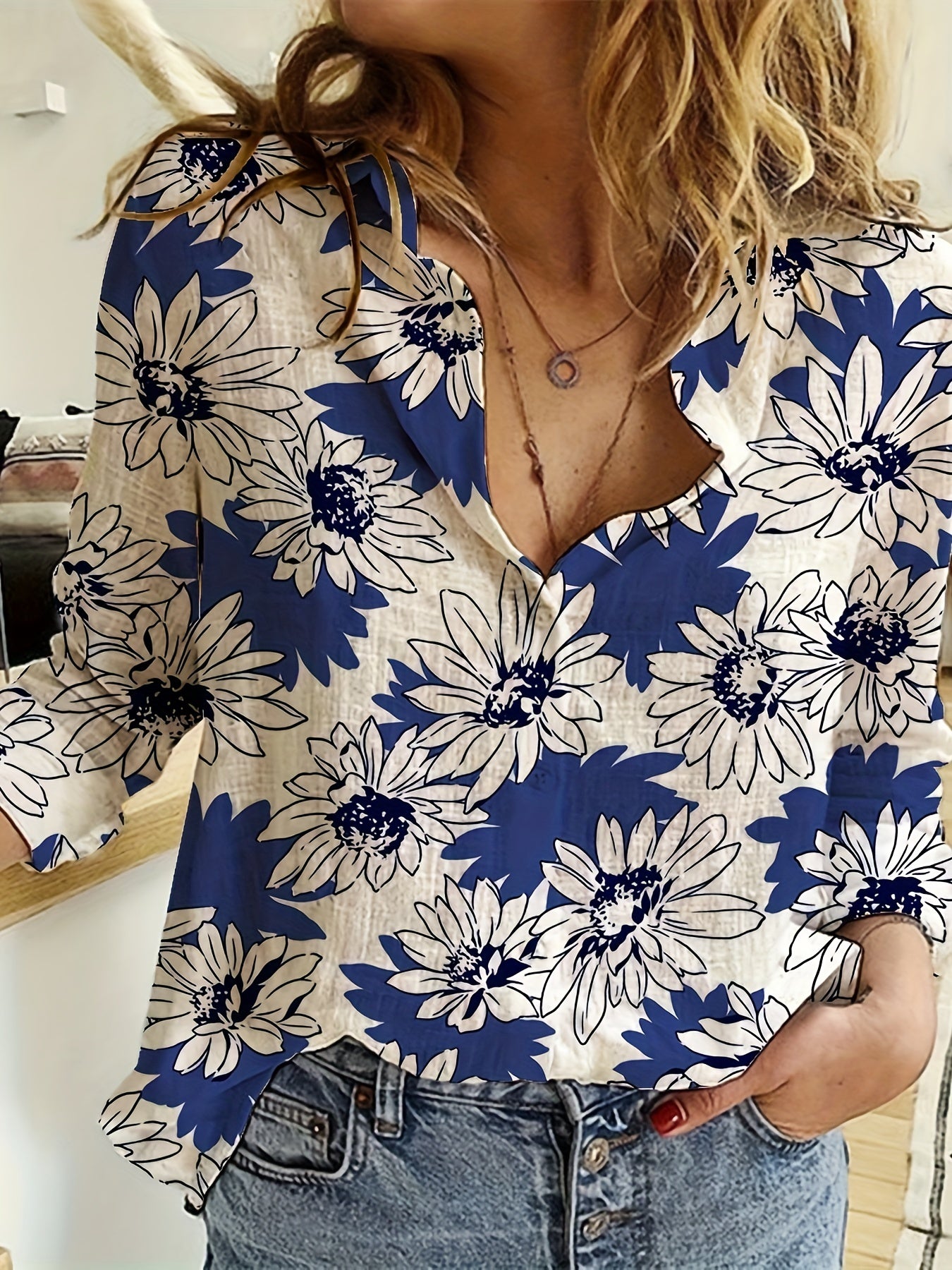  Daisy Print Button Up Collar Shirt