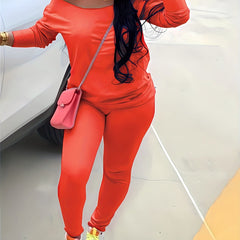  Solid One Shoulder Top & Pants Set