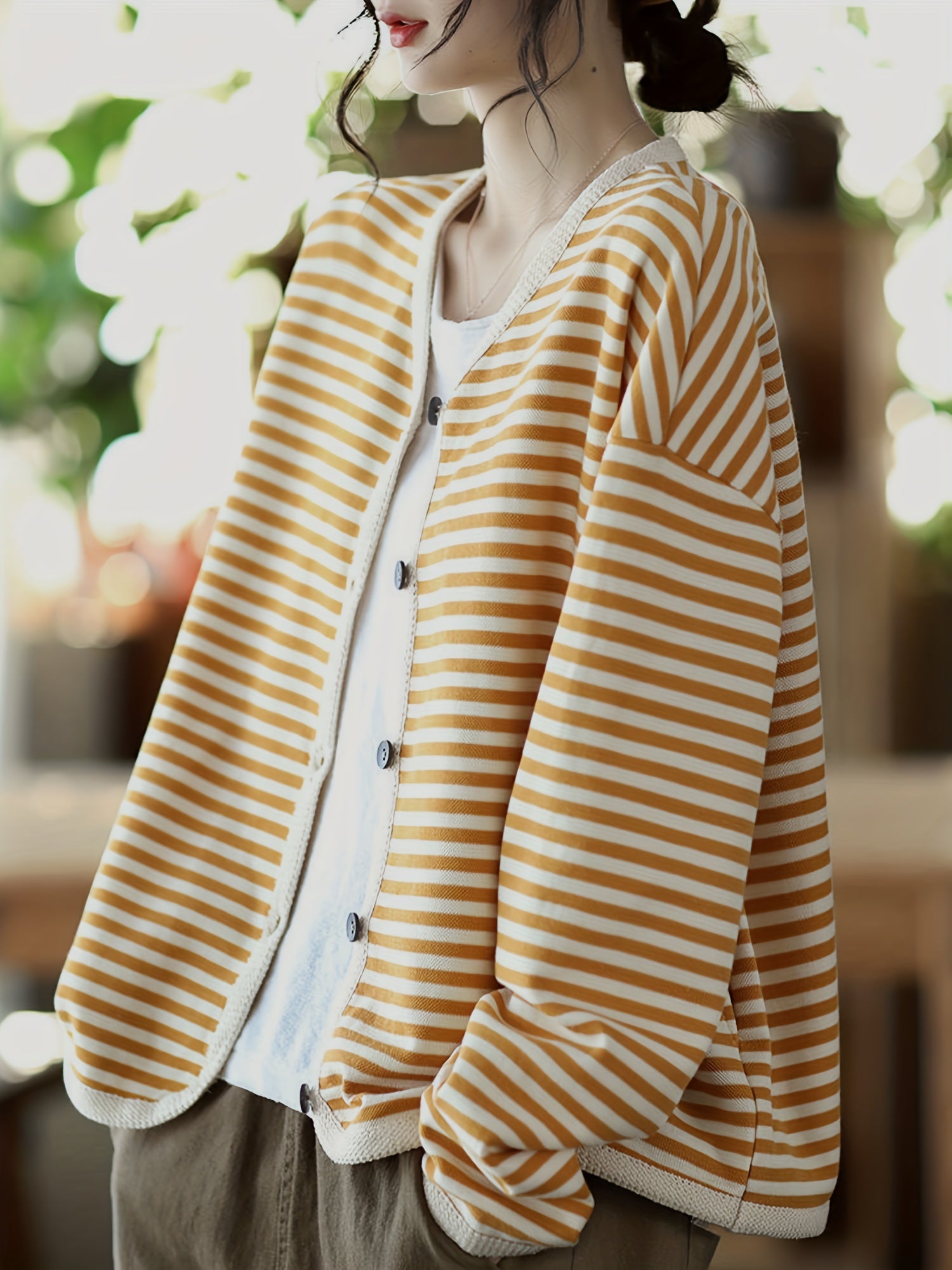 Striped Button Front Jacket V Neck Long Sleeve Outerwear